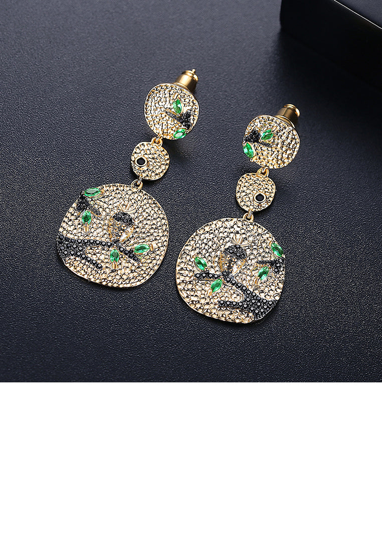 Fashion and Elegant Plated Gold Geometric Round Hibiscus Earrings with Black Cubic Zirconia - Luxurious Look