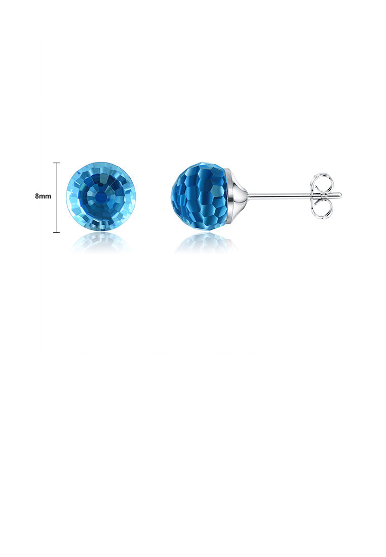 925 Sterling Silver Simple Geometric Round Stud Earrings with Blue Austrian Element Crystal