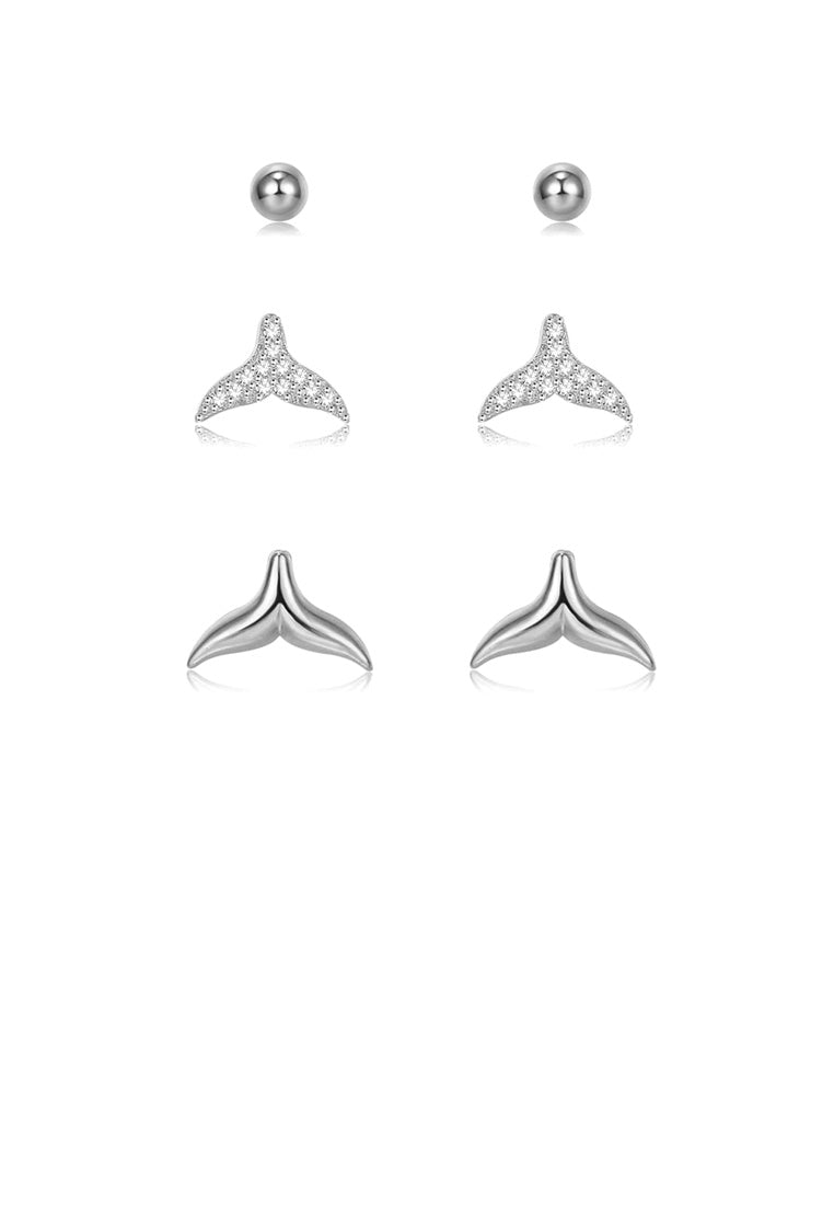925 Sterling Silver Simple and Refined Fish Tail Cubic Zircon Three-piece Stud Earrings