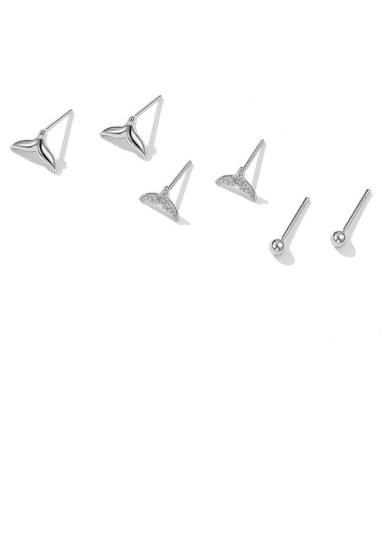 925 Sterling Silver Simple and Refined Fish Tail Cubic Zircon Three-piece Stud Earrings