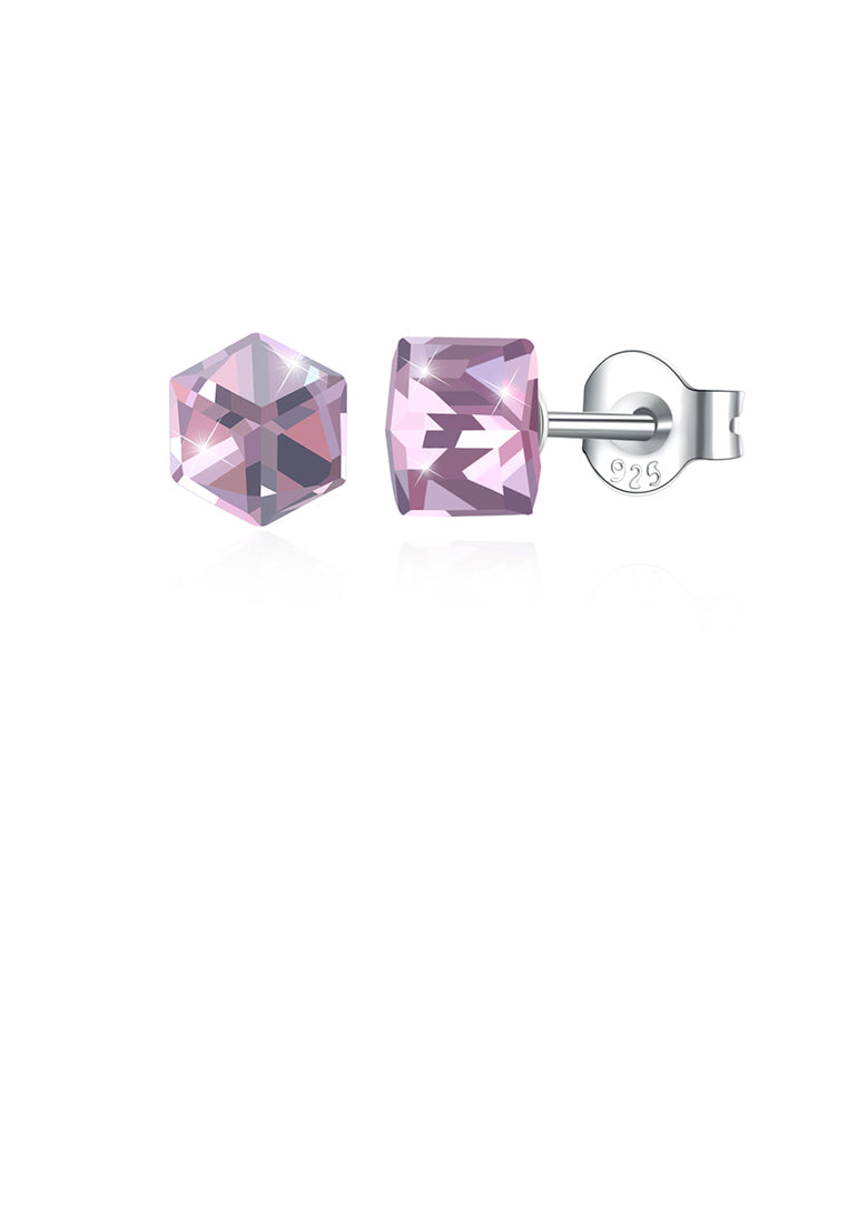 925 Sterling Silver Simple Geometric Square Pink Austrian Element Crystal Stud Earrings - Vibrant Color