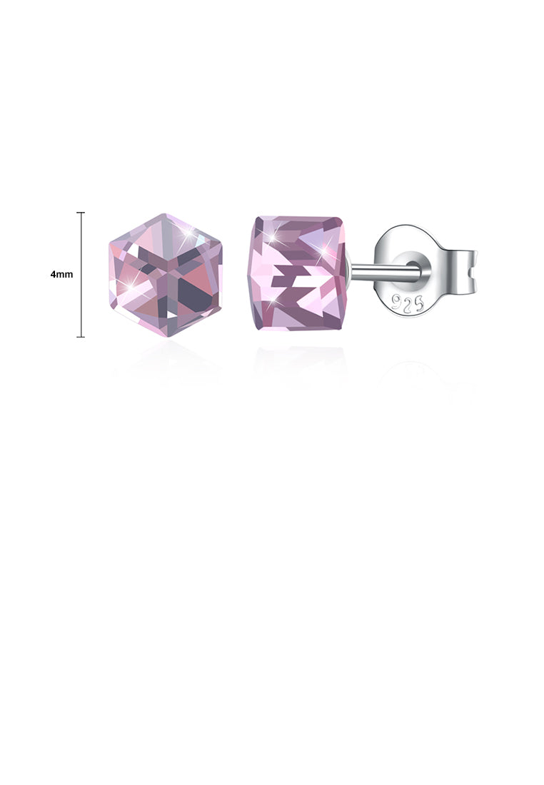 925 Sterling Silver Simple Geometric Square Pink Austrian Element Crystal Stud Earrings - Vibrant Color