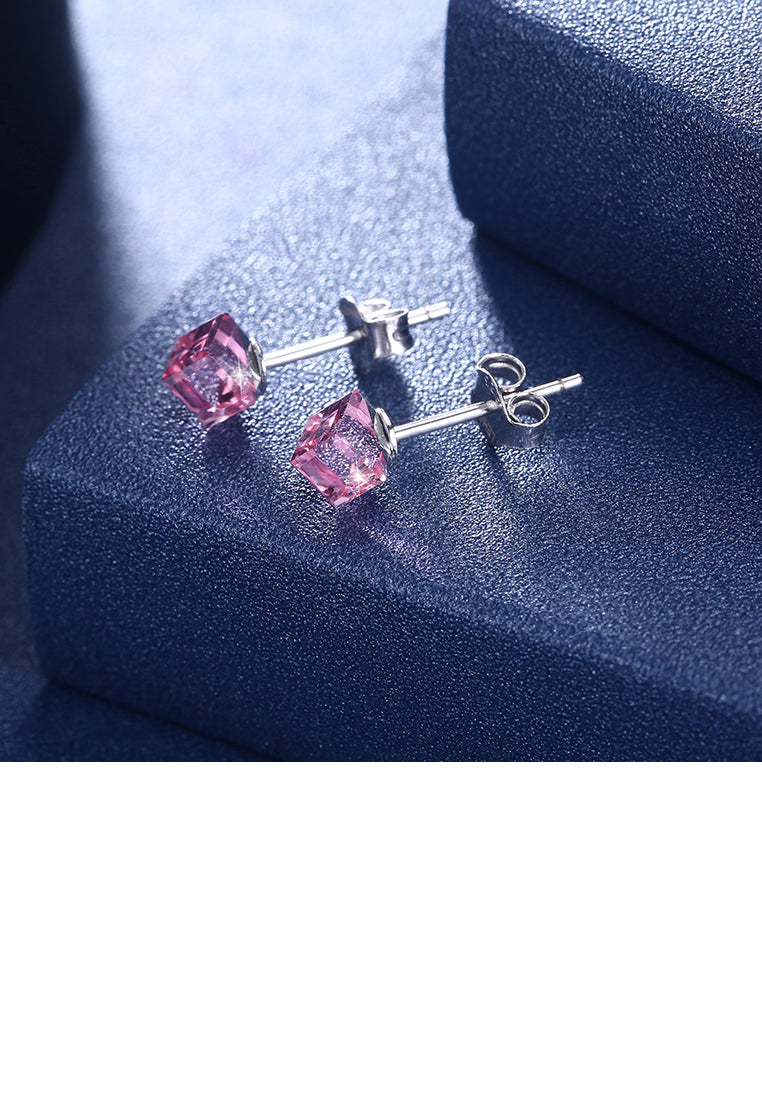 925 Sterling Silver Simple Geometric Square Pink Austrian Element Crystal Stud Earrings - Vibrant Color