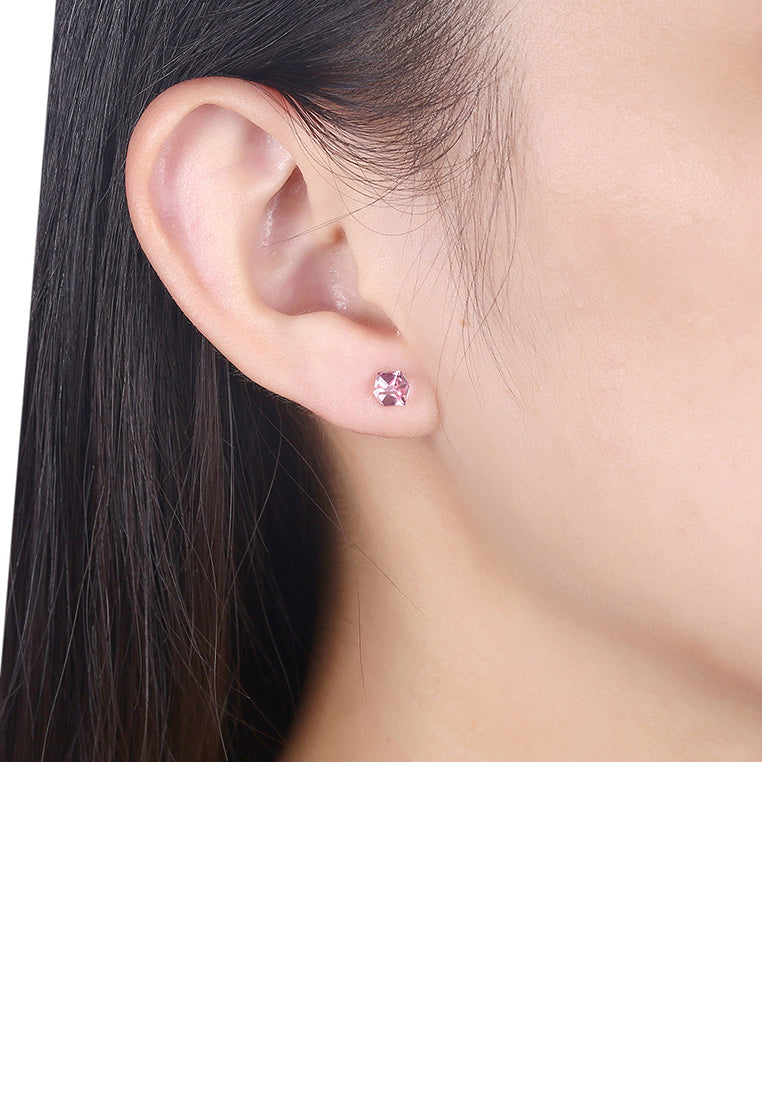 925 Sterling Silver Simple Geometric Square Pink Austrian Element Crystal Stud Earrings - Vibrant Color