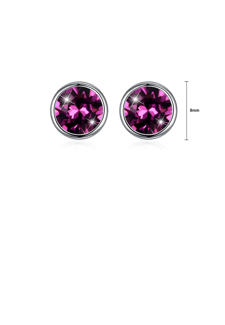 925 Sterling Silver Simple Round Stud Earrings In with Purple Austrian Element Crystal