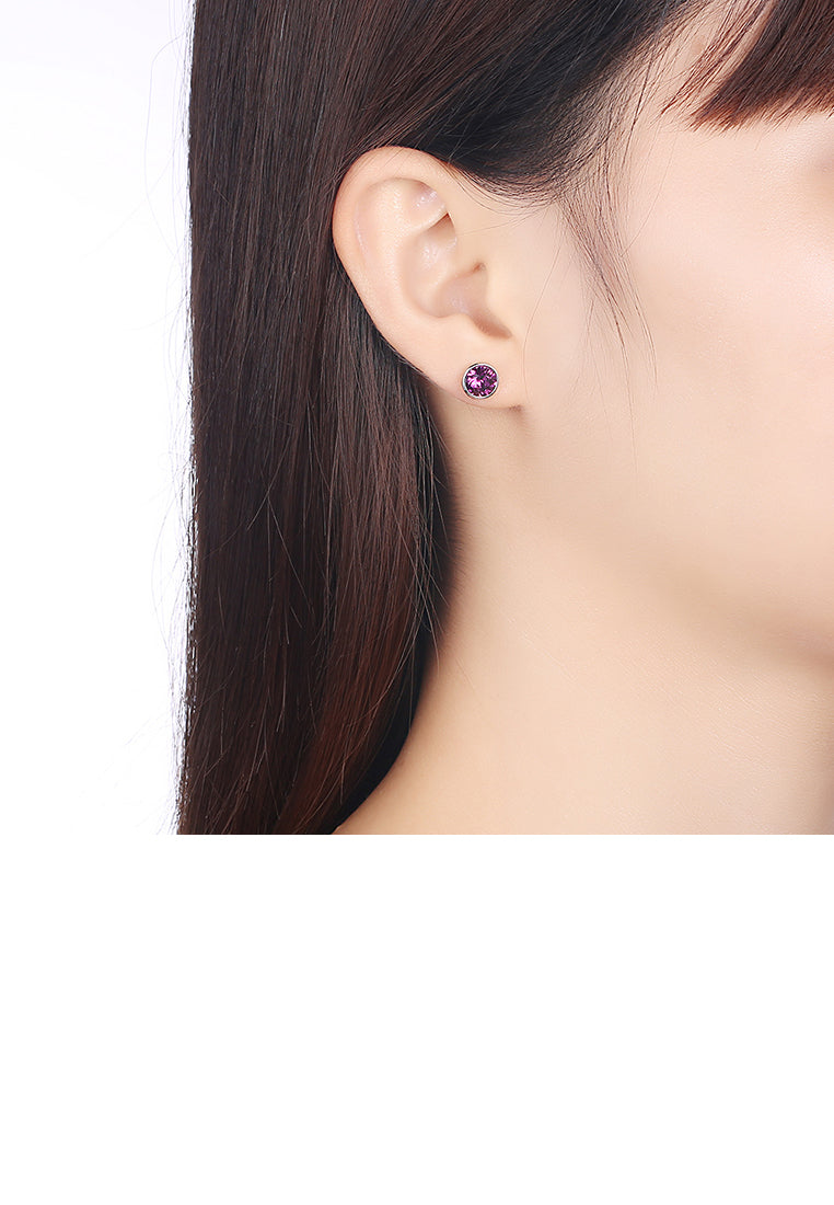 925 Sterling Silver Simple Round Stud Earrings In with Purple Austrian Element Crystal