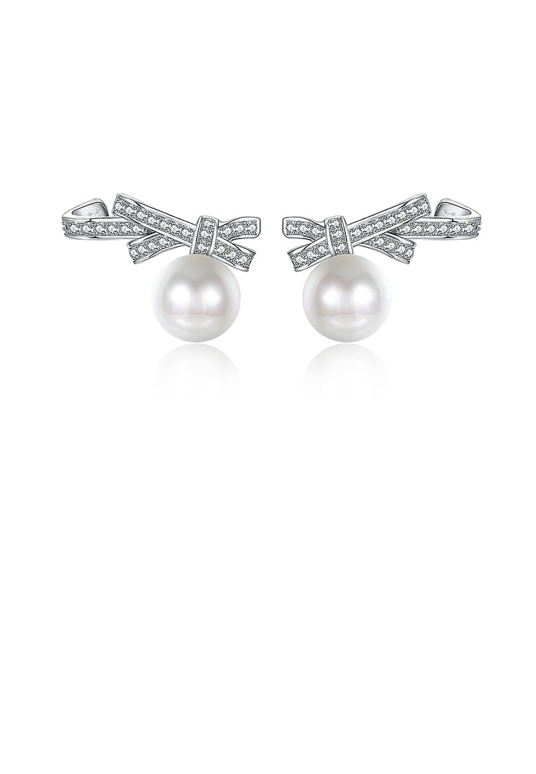 925 Sterling Silver Bow Stud Earrings with Austrian Element Crystals and Fashion Pearls