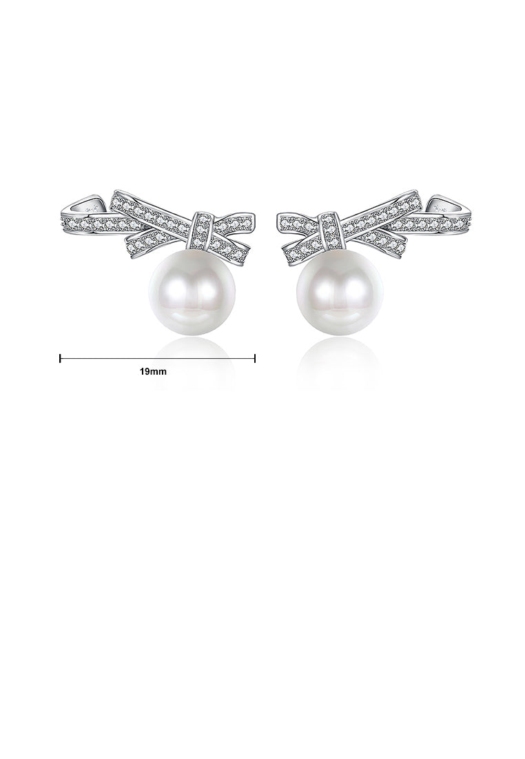 925 Sterling Silver Bow Stud Earrings with Austrian Element Crystals and Fashion Pearls
