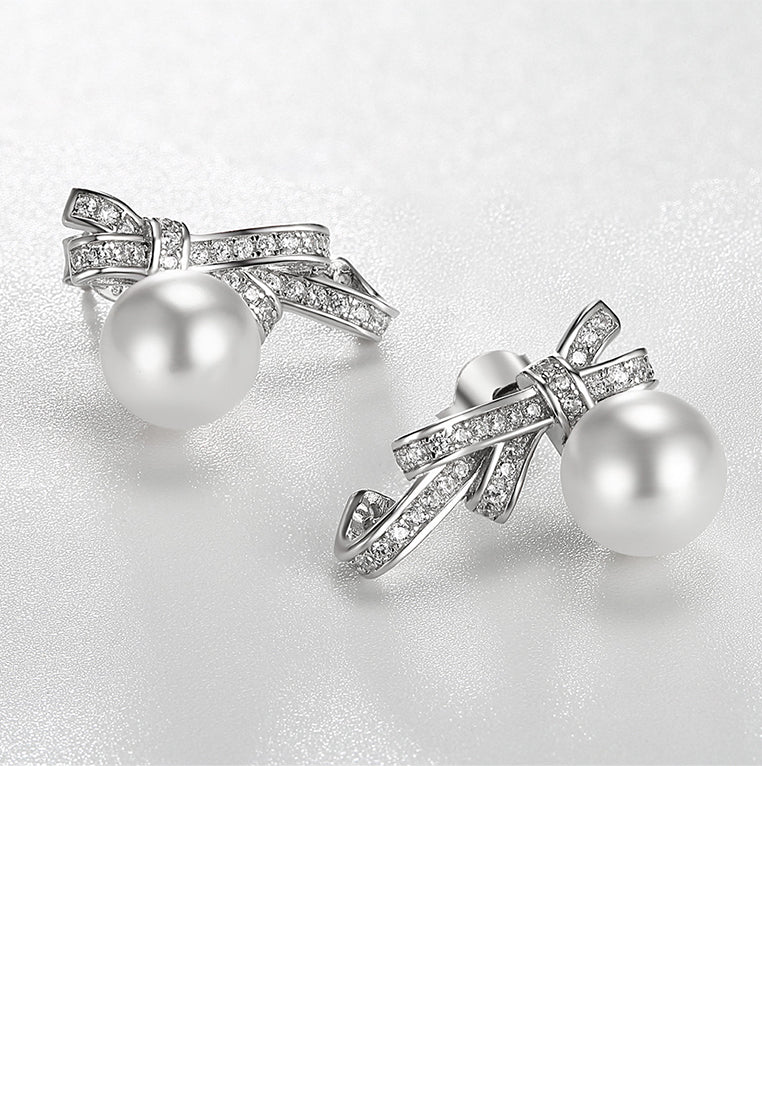 925 Sterling Silver Bow Stud Earrings with Austrian Element Crystals and Fashion Pearls