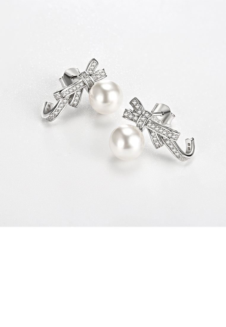 925 Sterling Silver Bow Stud Earrings with Austrian Element Crystals and Fashion Pearls
