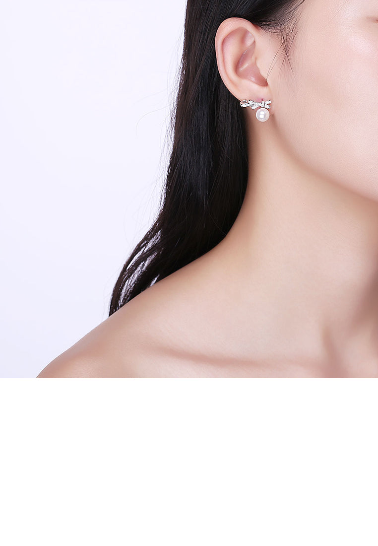 925 Sterling Silver Bow Stud Earrings with Austrian Element Crystals and Fashion Pearls