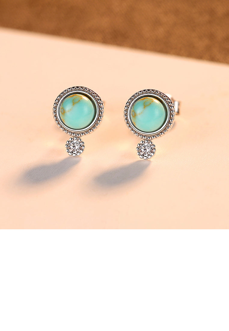 925 Sterling Silver Simple and Fashion Geometric Round Stud Earrings with Turquoise and Cubic Zirconia - Luxurious Look
