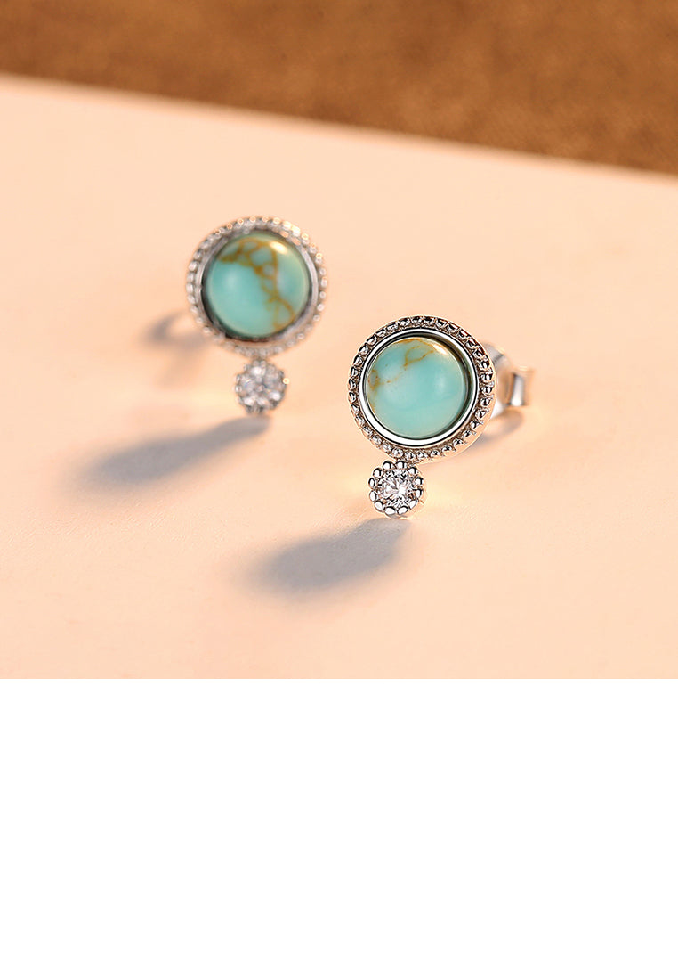 925 Sterling Silver Simple and Fashion Geometric Round Stud Earrings with Turquoise and Cubic Zirconia - Luxurious Look