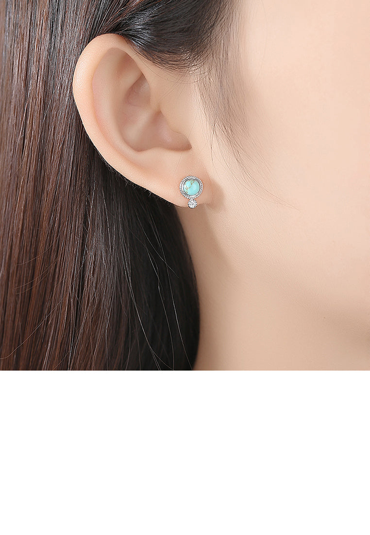 925 Sterling Silver Simple and Fashion Geometric Round Stud Earrings with Turquoise and Cubic Zirconia - Luxurious Look