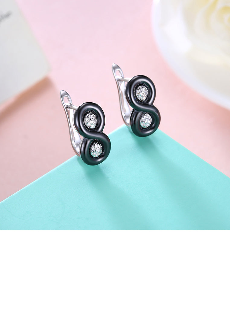 925 Sterling Silver Fashion Number 8 Black Ceramic Stud Earrings with Austrian Element Crystal