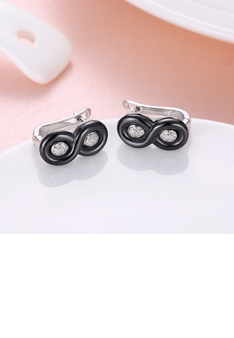 925 Sterling Silver Fashion Number 8 Black Ceramic Stud Earrings with Austrian Element Crystal