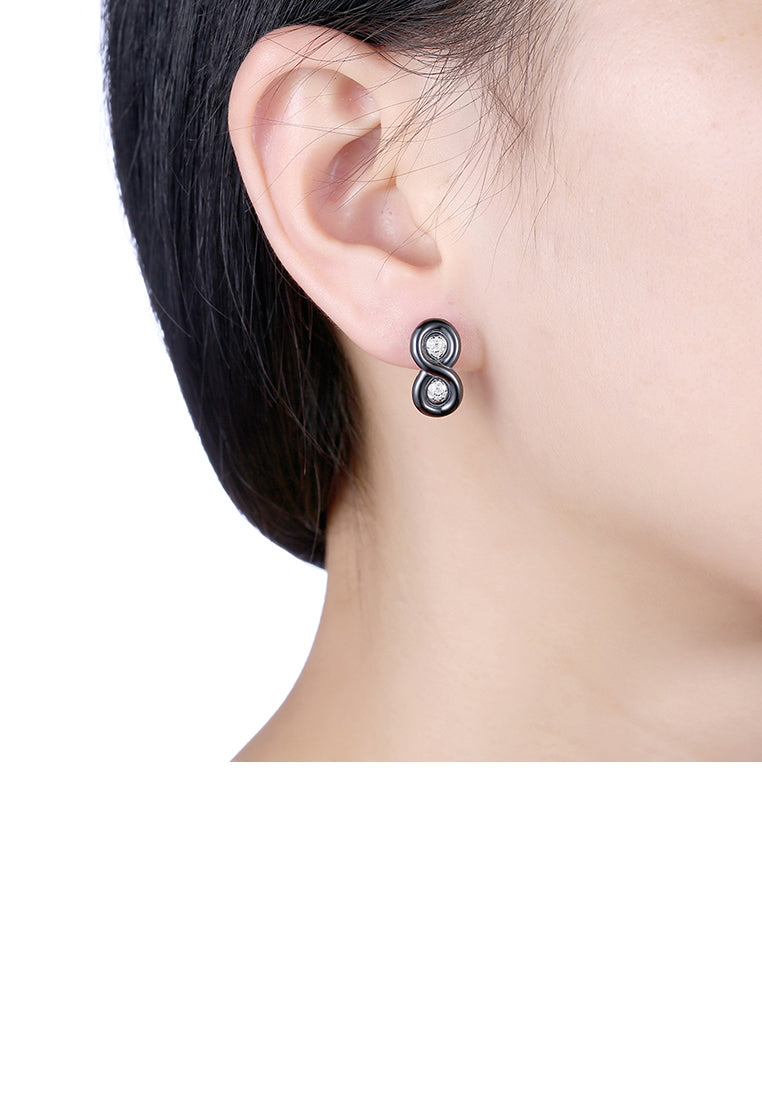 925 Sterling Silver Fashion Number 8 Black Ceramic Stud Earrings with Austrian Element Crystal