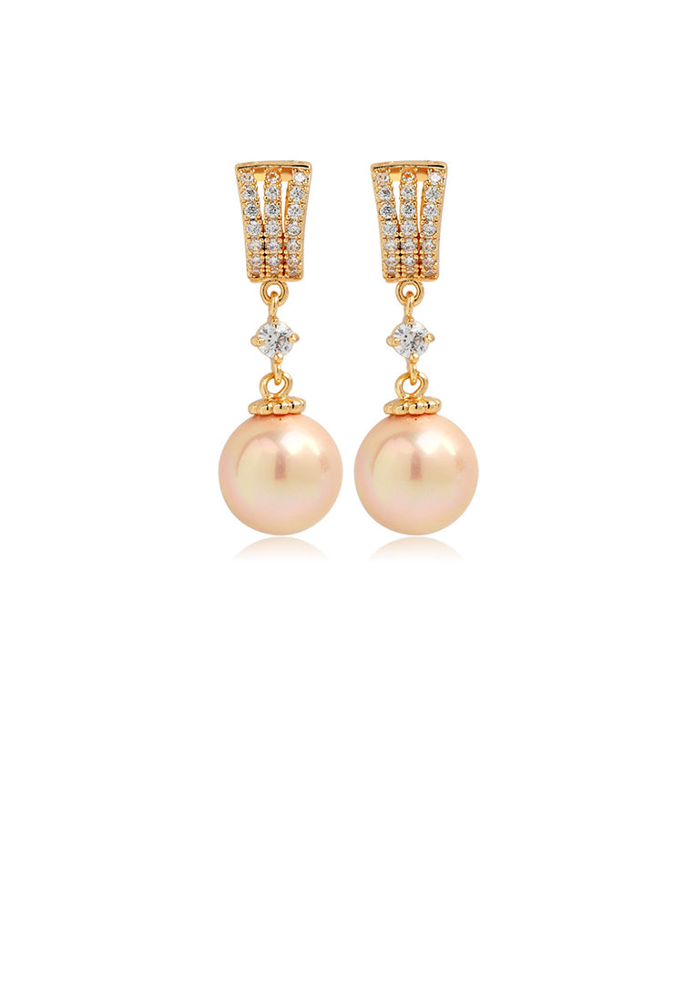 Fashion and Elegant Plated Gold Geometric Champagne Imitation Pearl Earrings with Cubic Zirconia - Luxurious Look