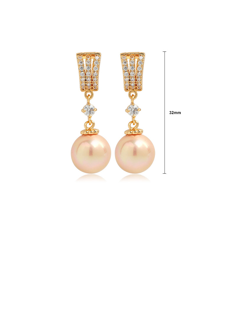 Fashion and Elegant Plated Gold Geometric Champagne Imitation Pearl Earrings with Cubic Zirconia - Luxurious Look