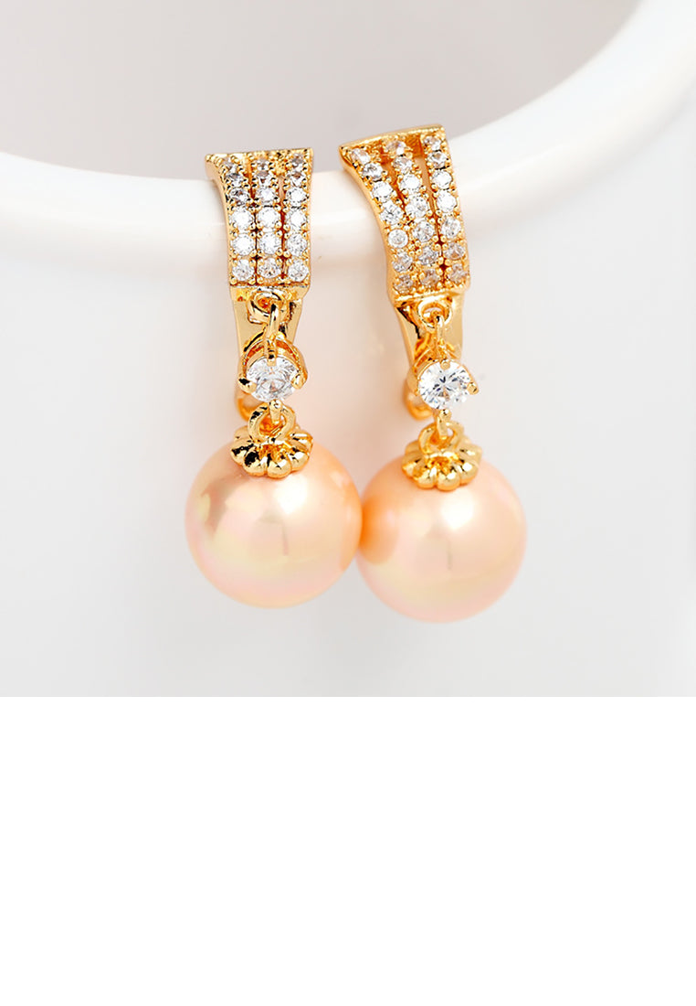 Fashion and Elegant Plated Gold Geometric Champagne Imitation Pearl Earrings with Cubic Zirconia - Luxurious Look