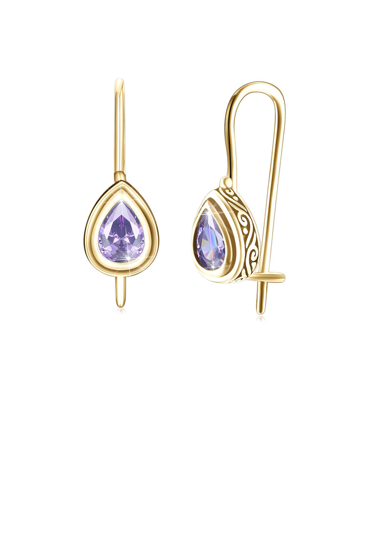 925 Sterling Gold Plated Retro Elegant Fashion Water Drop Shape Earrings with Purple Cubic Zircon