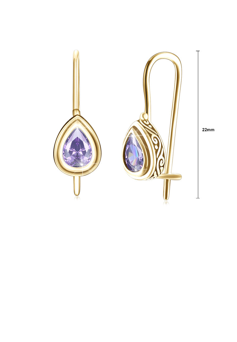 925 Sterling Gold Plated Retro Elegant Fashion Water Drop Shape Earrings with Purple Cubic Zircon