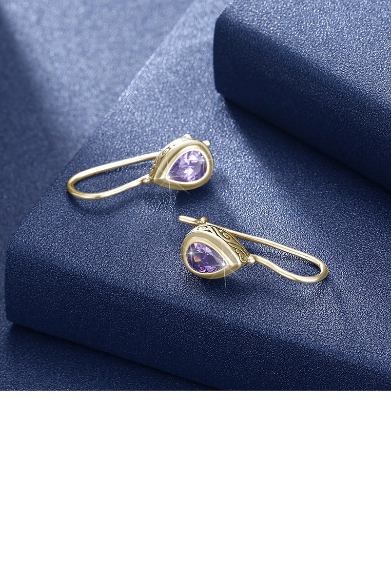 925 Sterling Gold Plated Retro Elegant Fashion Water Drop Shape Earrings with Purple Cubic Zircon