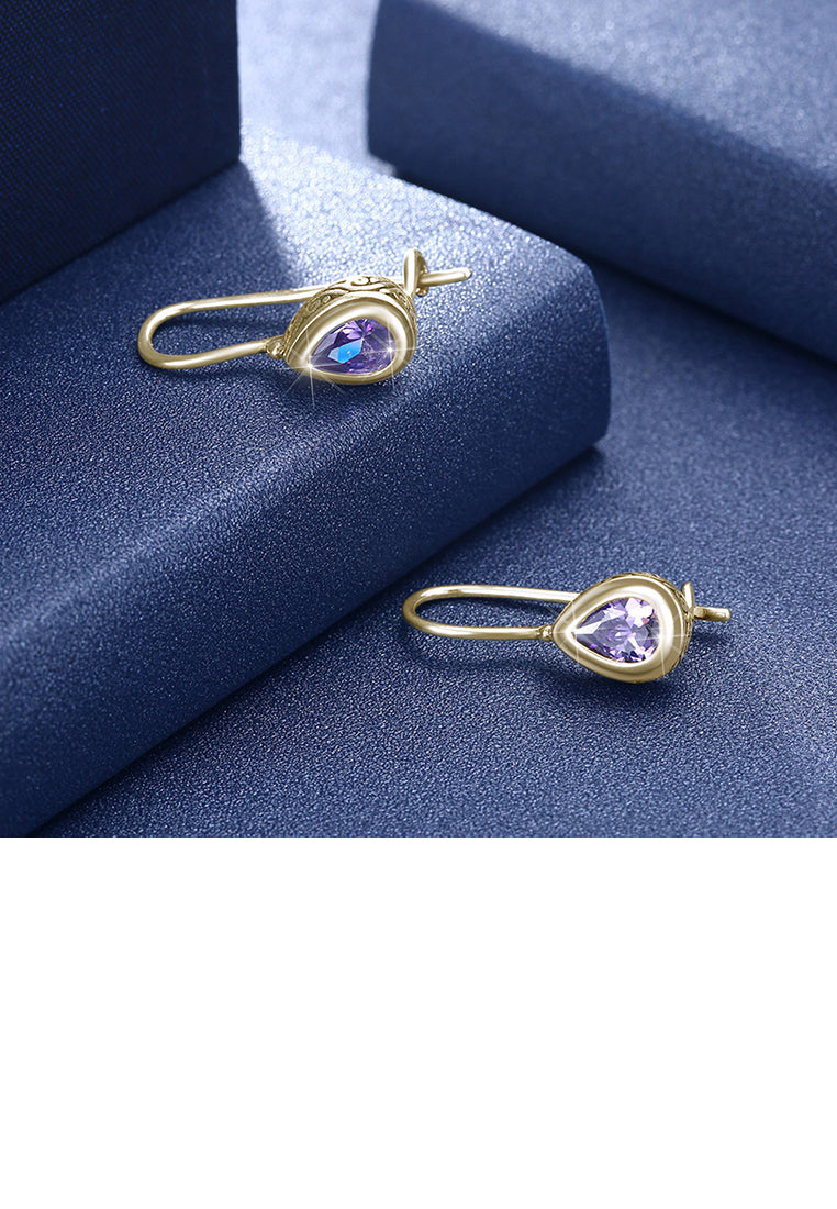 925 Sterling Gold Plated Retro Elegant Fashion Water Drop Shape Earrings with Purple Cubic Zircon