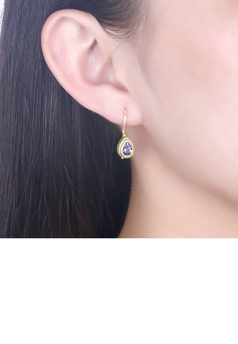 925 Sterling Gold Plated Retro Elegant Fashion Water Drop Shape Earrings with Purple Cubic Zircon