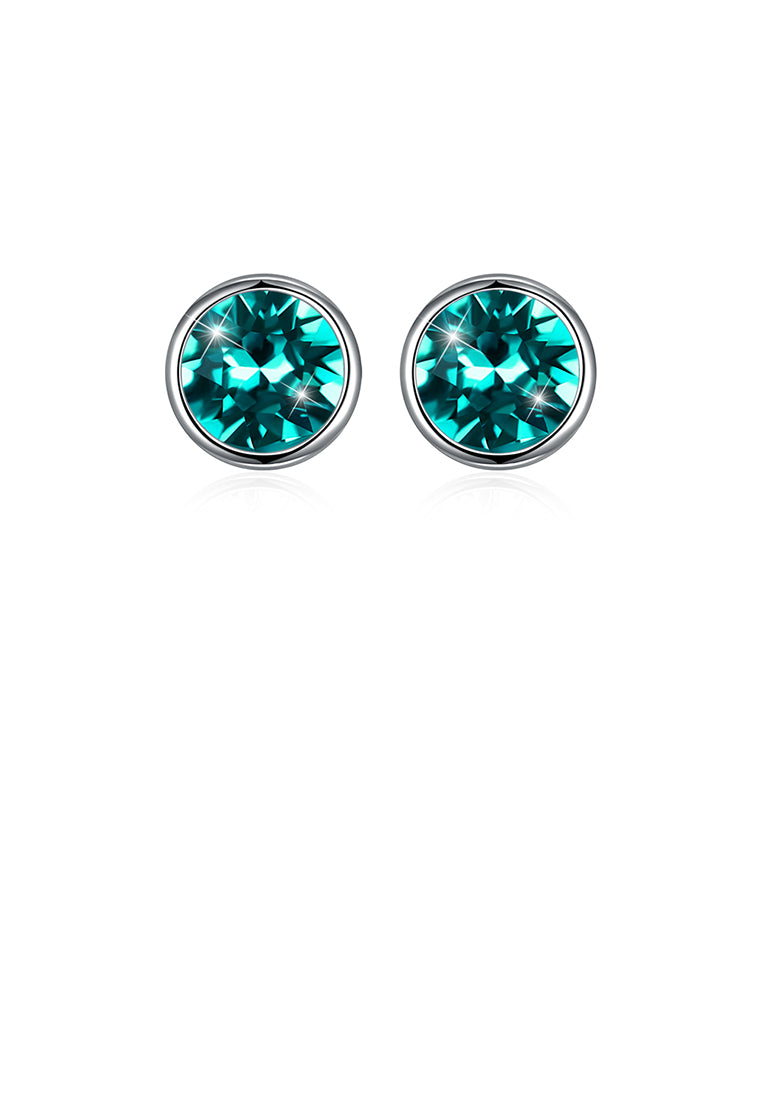 925 Sterling Silver Simple Round Stud Earrings with Green Austrian Element Crystal