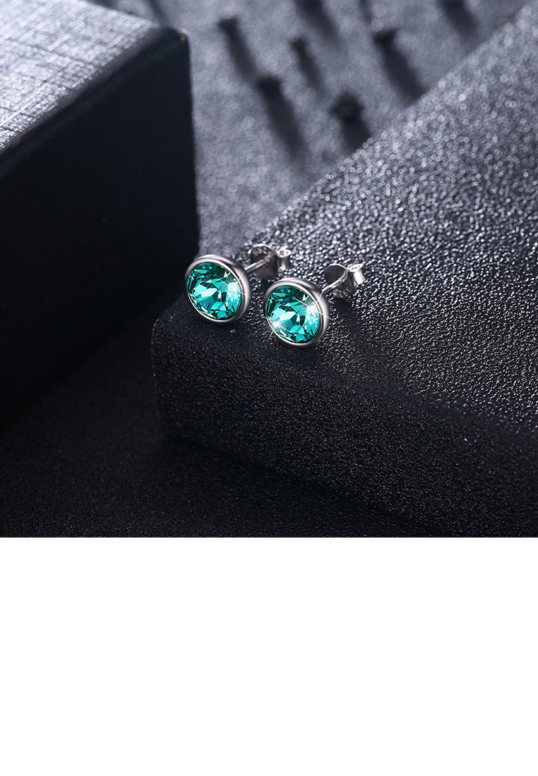 925 Sterling Silver Simple Round Stud Earrings with Green Austrian Element Crystal