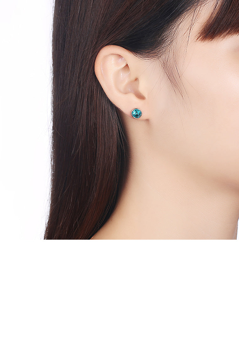 925 Sterling Silver Simple Round Stud Earrings with Green Austrian Element Crystal