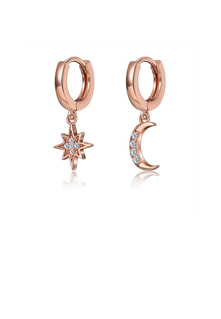 925 Sterling Silver Plated Rose Gold Simple Star Moon Asymmetric Earrings with Cubic Zircon