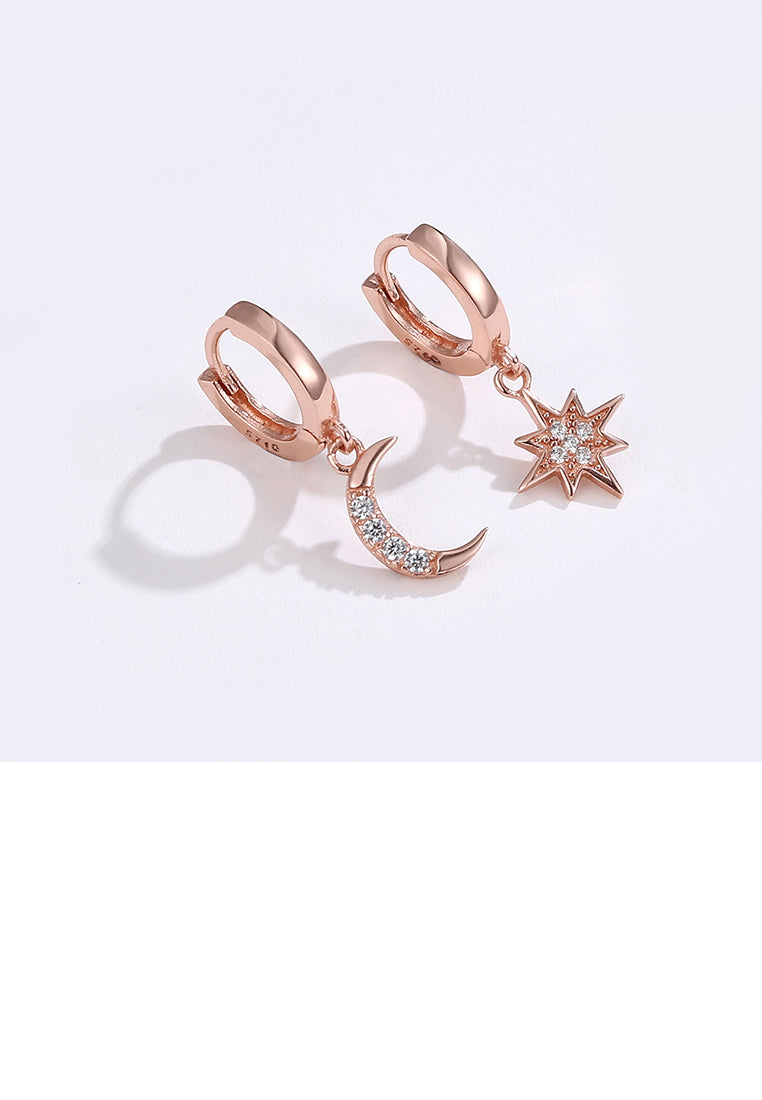 925 Sterling Silver Plated Rose Gold Simple Star Moon Asymmetric Earrings with Cubic Zircon