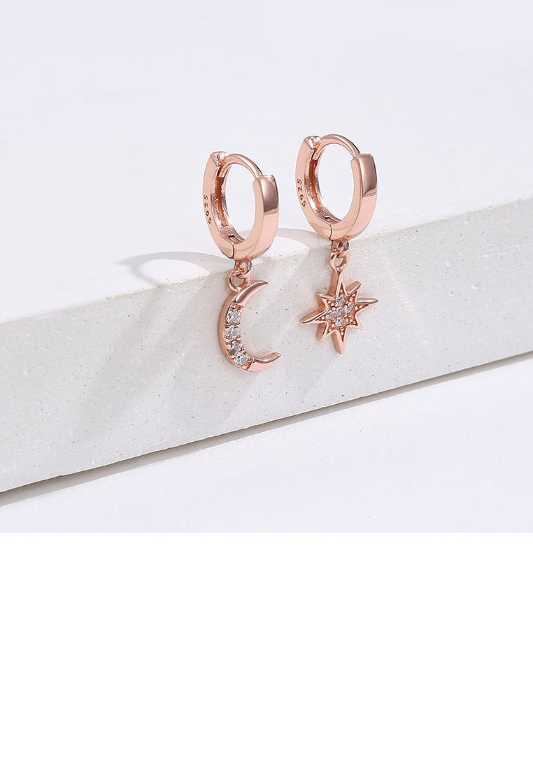 925 Sterling Silver Plated Rose Gold Simple Star Moon Asymmetric Earrings with Cubic Zircon