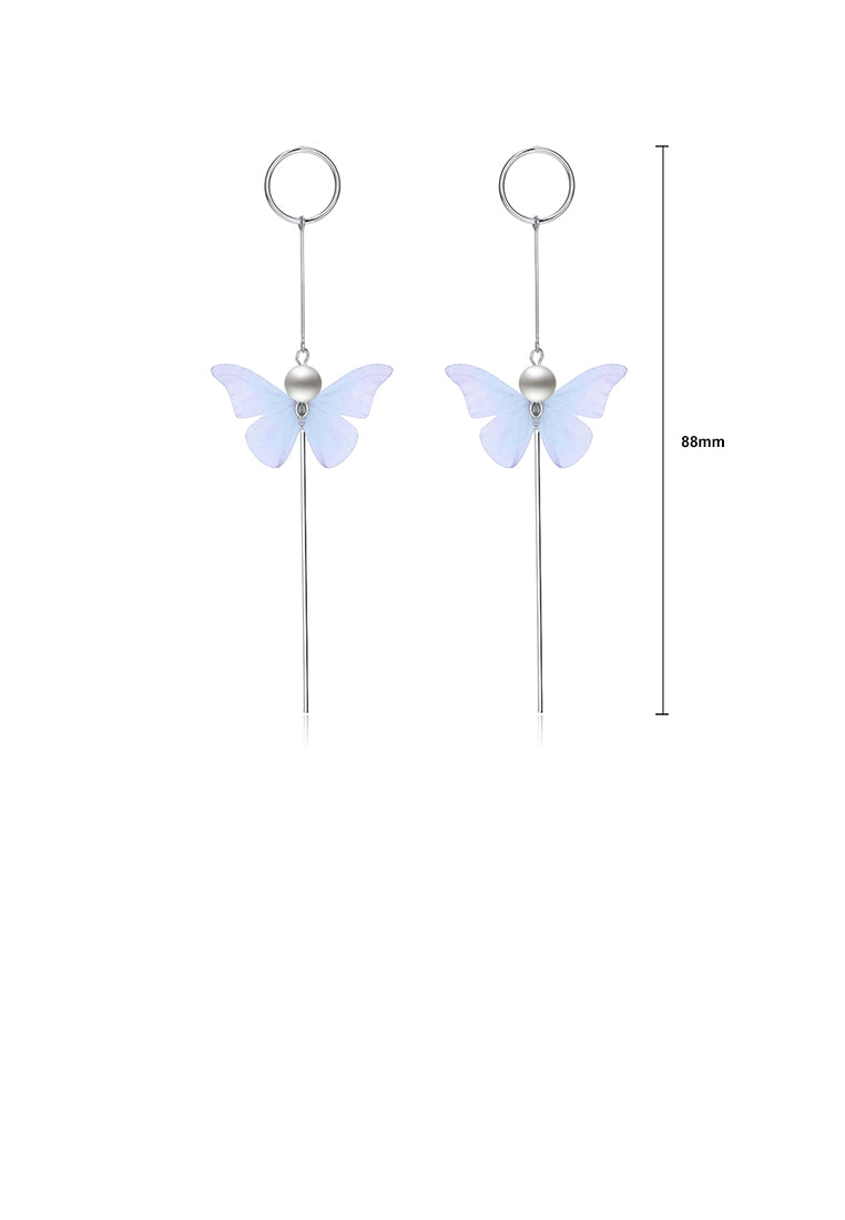 925 Sterling Silver Elegant Sweet and Romantic Blue Lace Butterfly Long Tassel Earrings