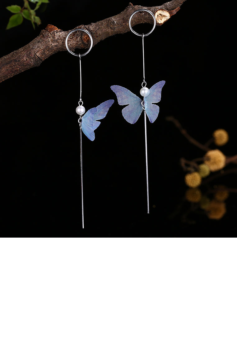 925 Sterling Silver Elegant Sweet and Romantic Blue Lace Butterfly Long Tassel Earrings
