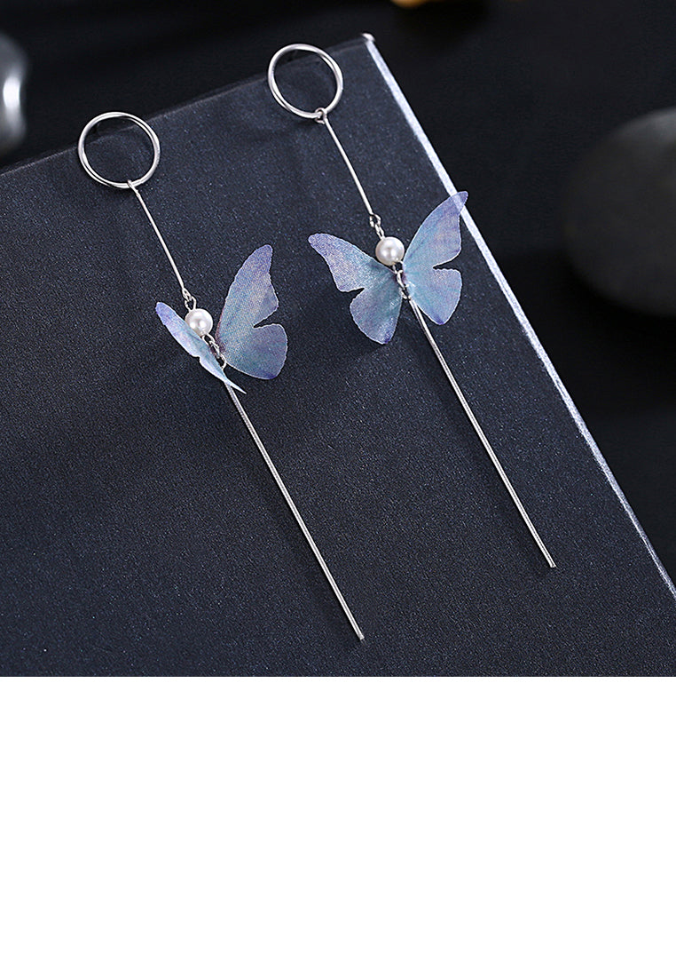 925 Sterling Silver Elegant Sweet and Romantic Blue Lace Butterfly Long Tassel Earrings