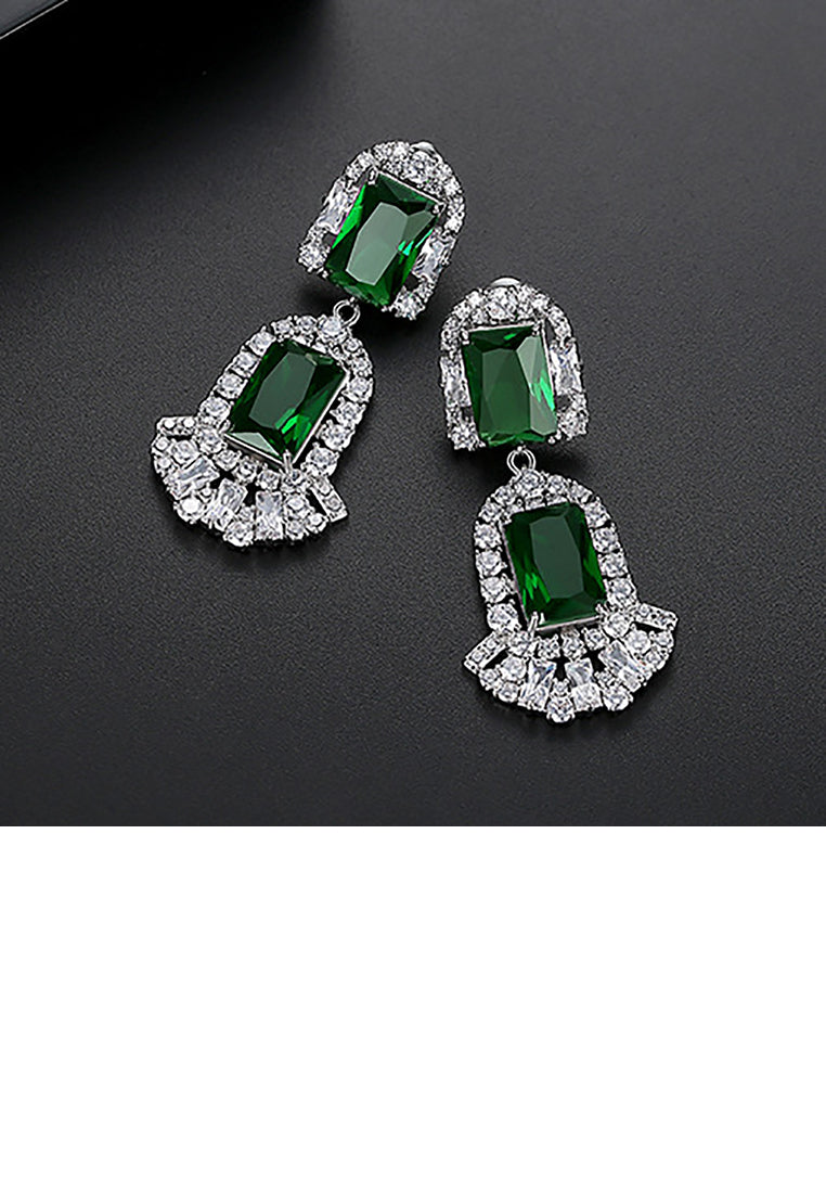 Elegant Vintage Ethnic Geometric Earrings with Green Cubic Zirconia - Luxurious Look