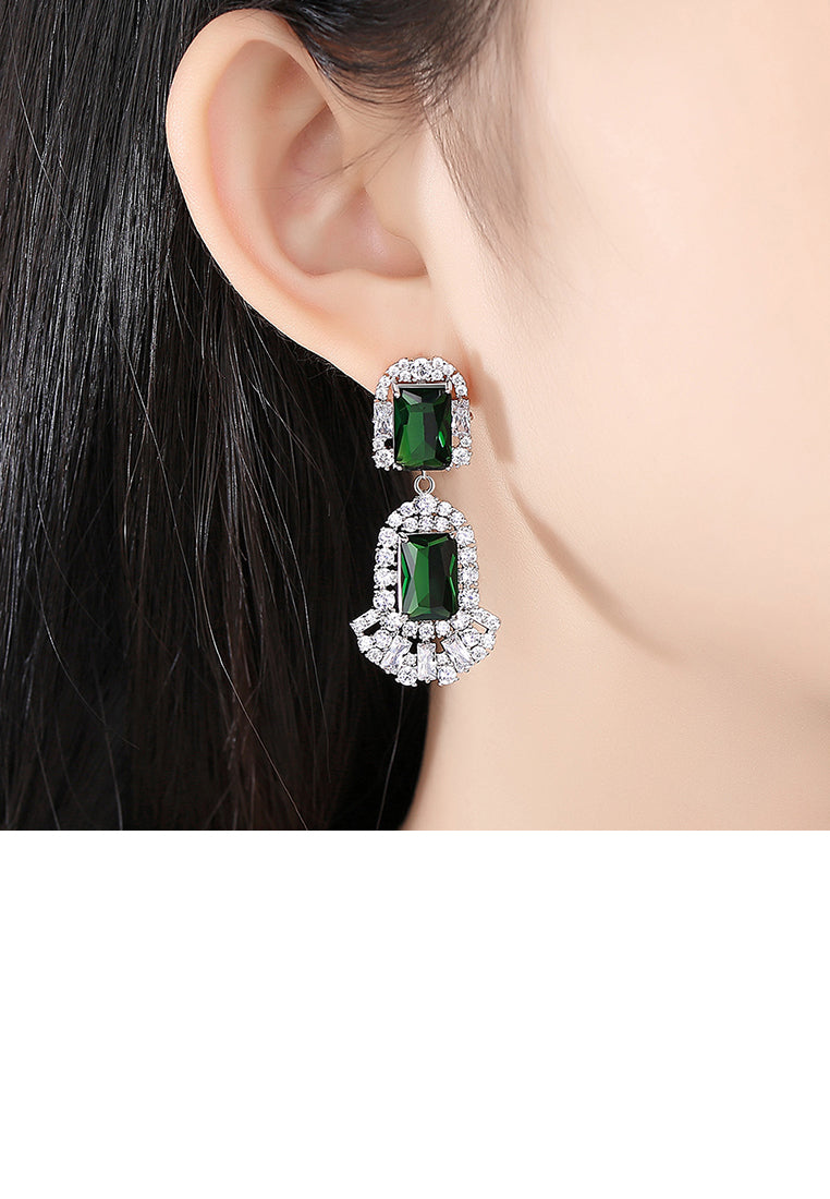 Elegant Vintage Ethnic Geometric Earrings with Green Cubic Zirconia - Luxurious Look