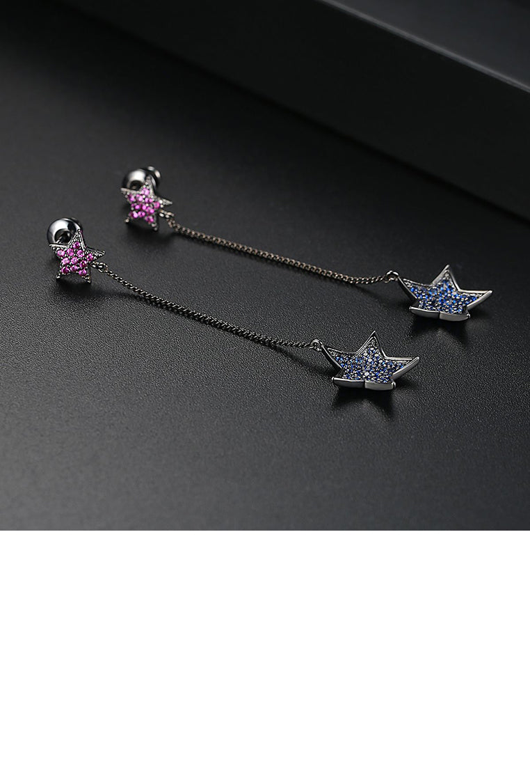 Simple Temperament Plated Black Star Tassel Earrings with Blue Cubic Zirconia - Luxurious Look