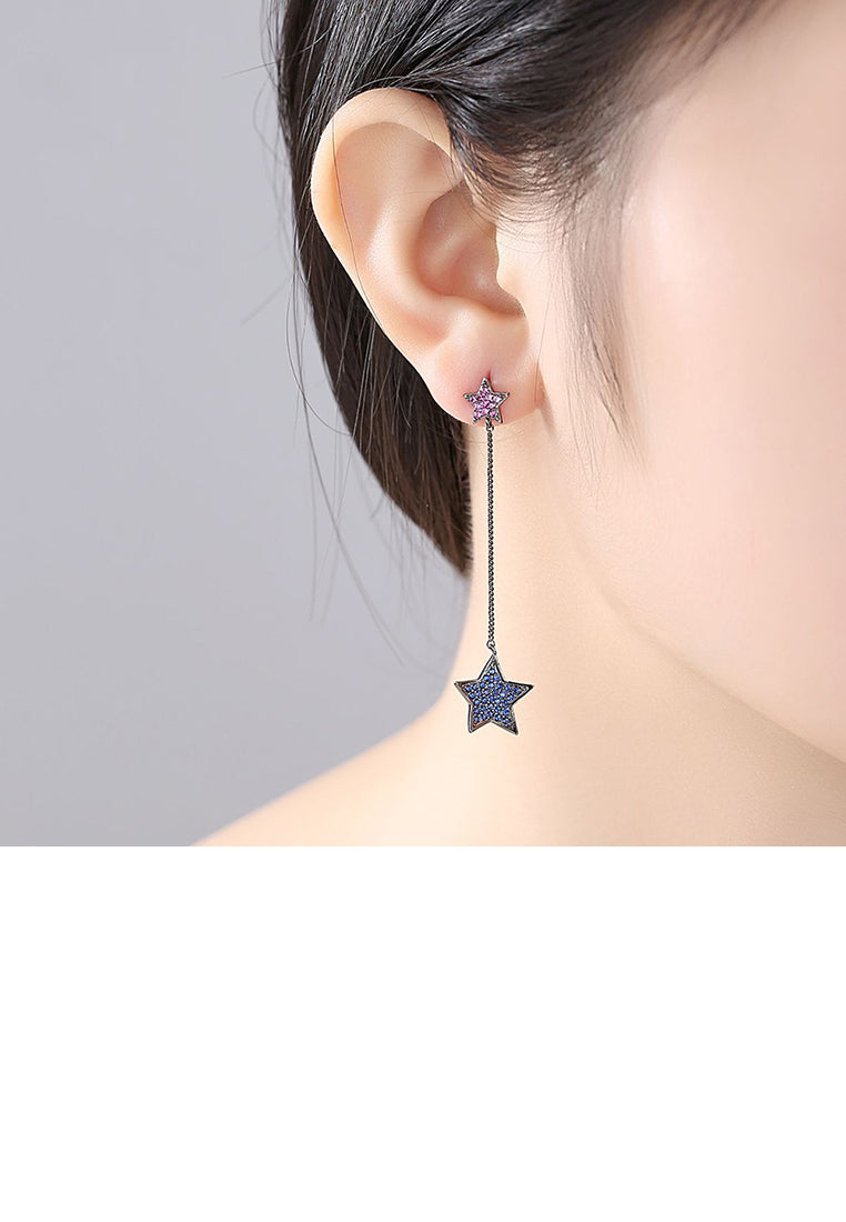 Simple Temperament Plated Black Star Tassel Earrings with Blue Cubic Zirconia - Luxurious Look