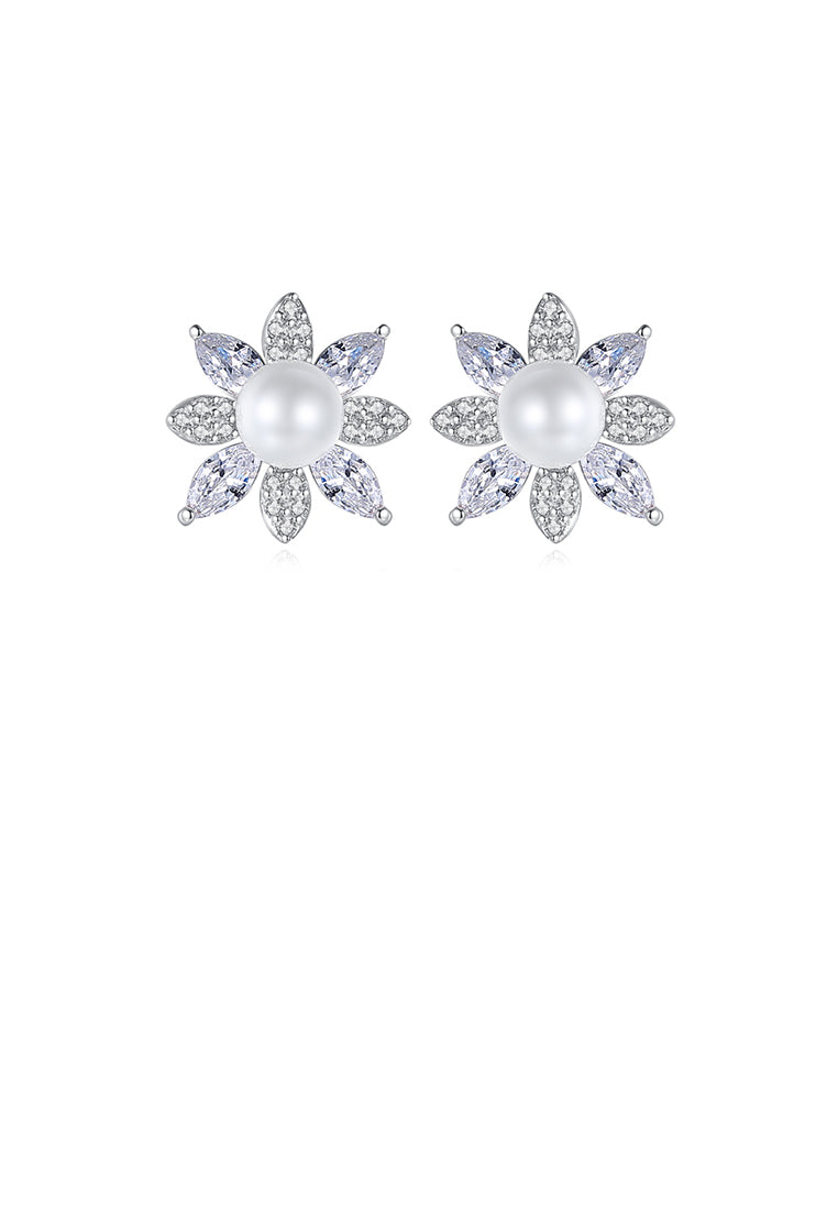 Fashion and Elegant Flower Imitation Pearl Stud Earrings with Cubic Zirconia - Luxurious Look