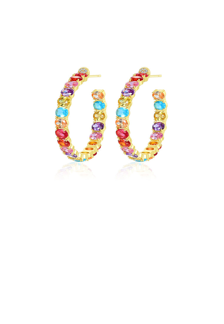 Fashion and Elegant Plated Gold Geometric C-shaped Earrings with Colorful Cubic Zirconia - Luxurious Look