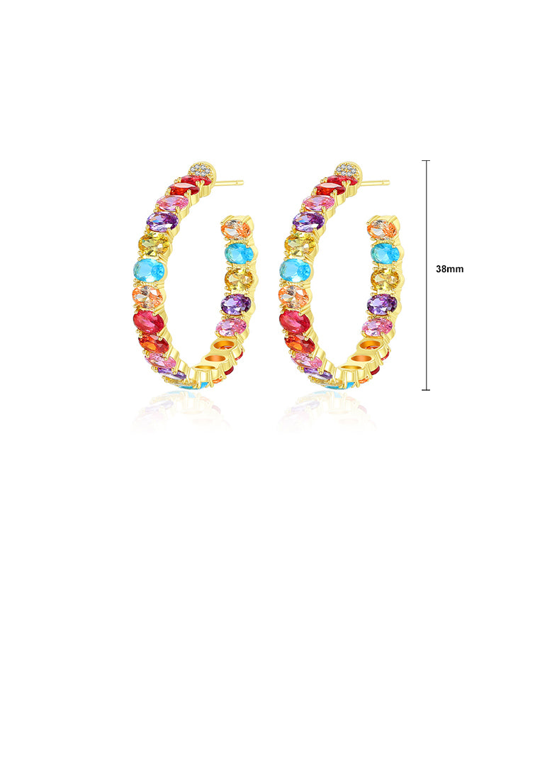 Fashion and Elegant Plated Gold Geometric C-shaped Earrings with Colorful Cubic Zirconia - Luxurious Look