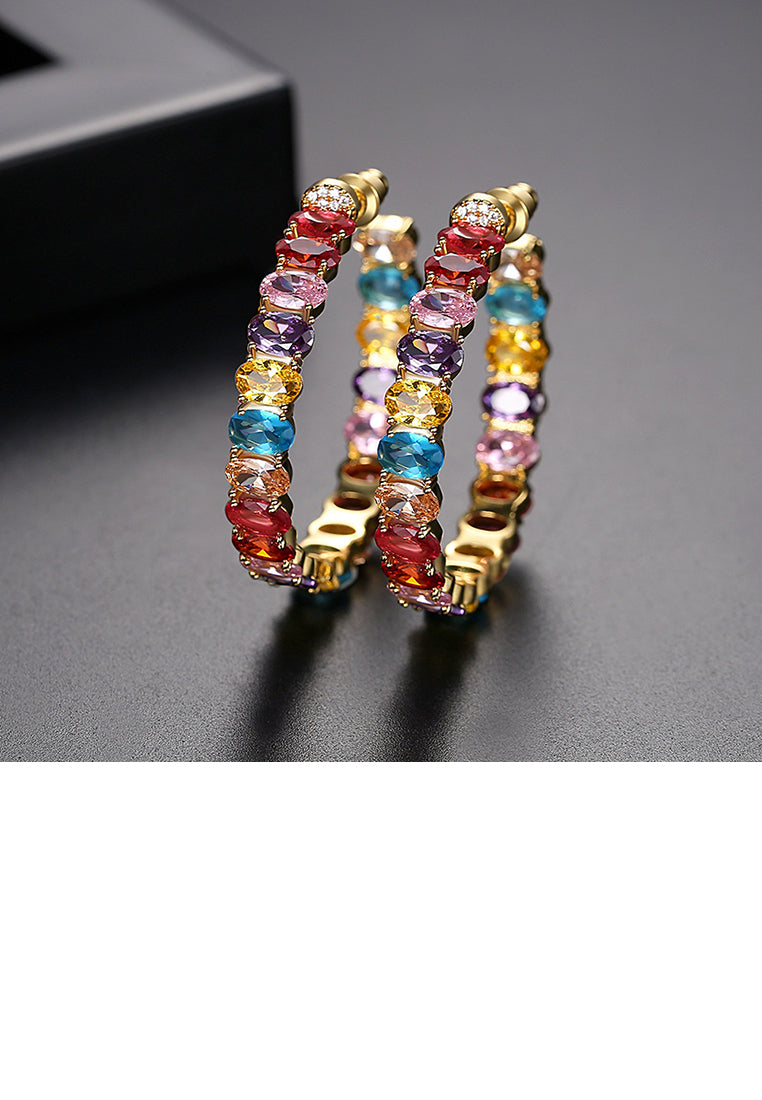 Fashion and Elegant Plated Gold Geometric C-shaped Earrings with Colorful Cubic Zirconia - Luxurious Look