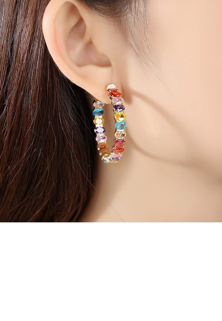 Fashion and Elegant Plated Gold Geometric C-shaped Earrings with Colorful Cubic Zirconia - Luxurious Look