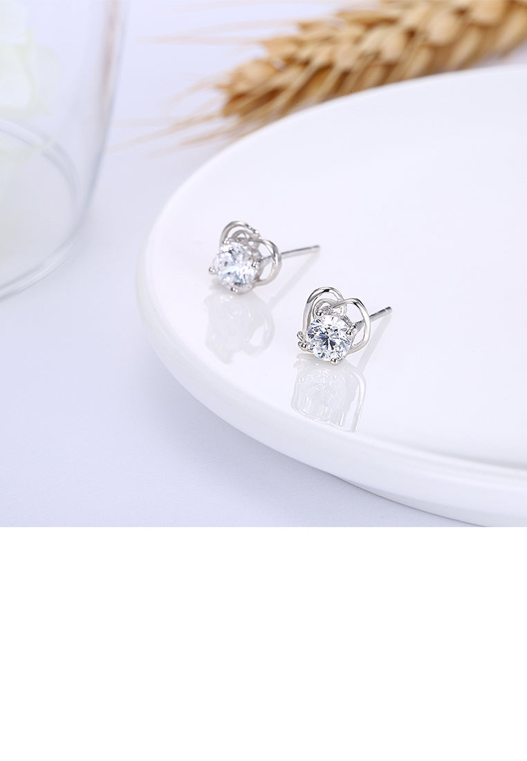 925 Sterling Silver Simple Mini Fashion Creative Hollow Out Heart Shape Earrings with Cubic Zircon