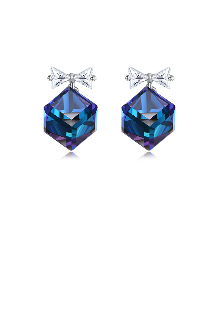 925 Sterling Silver Elegant Fashion Bowknot and Blue Cube Sugar Earrings with Austrian Element Crystal