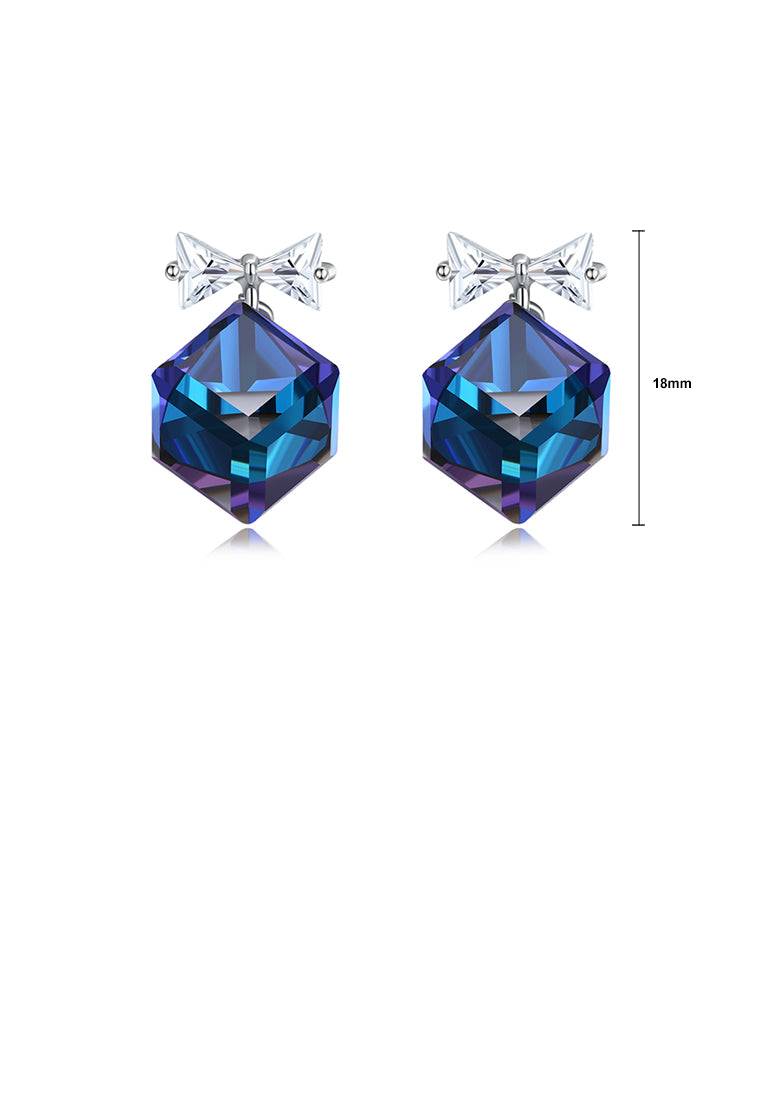 925 Sterling Silver Elegant Fashion Bowknot and Blue Cube Sugar Earrings with Austrian Element Crystal